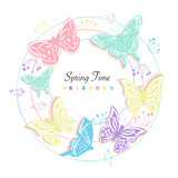 Butterfly and flowers circle abstract spring time greeting card vector background