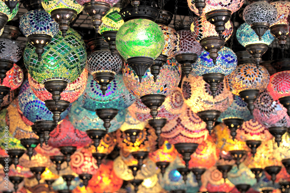 Colorful Turkish lamps or lanterns in grand bazaar in Istanbul- TURKEY. 