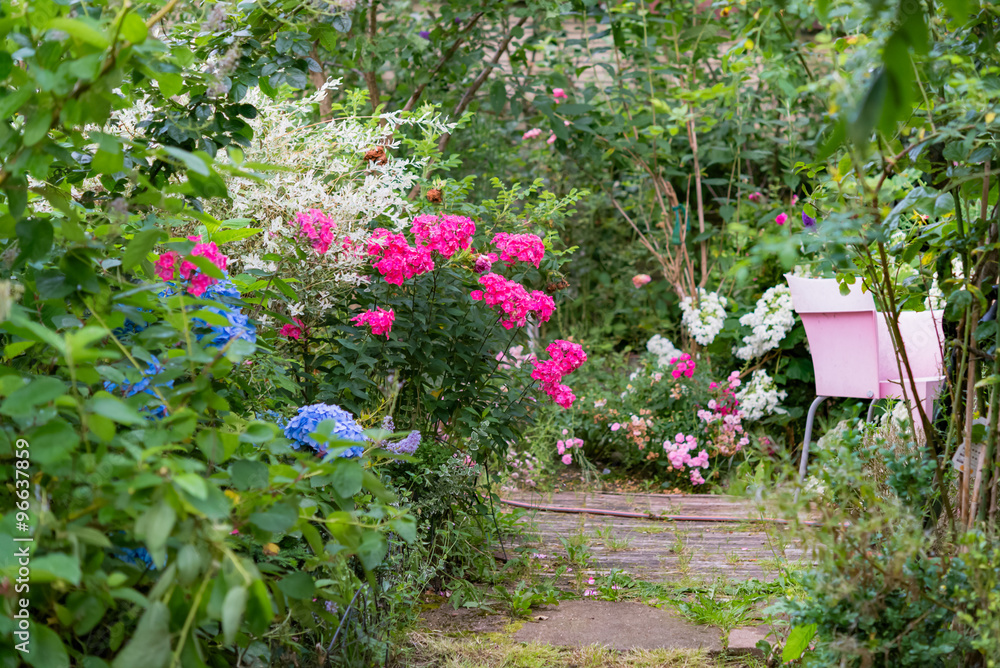 Fototapeta premium Beautiful overgrown summer garden scene with blooming colorful plants and chair