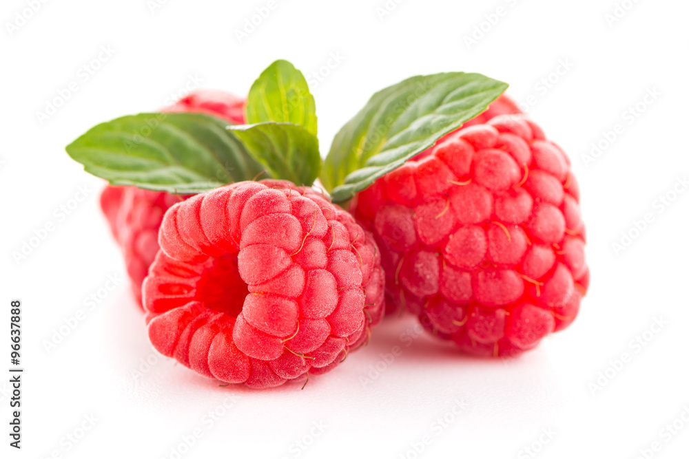 Ripe raspberry with leaf Ripe raspberry with leaf