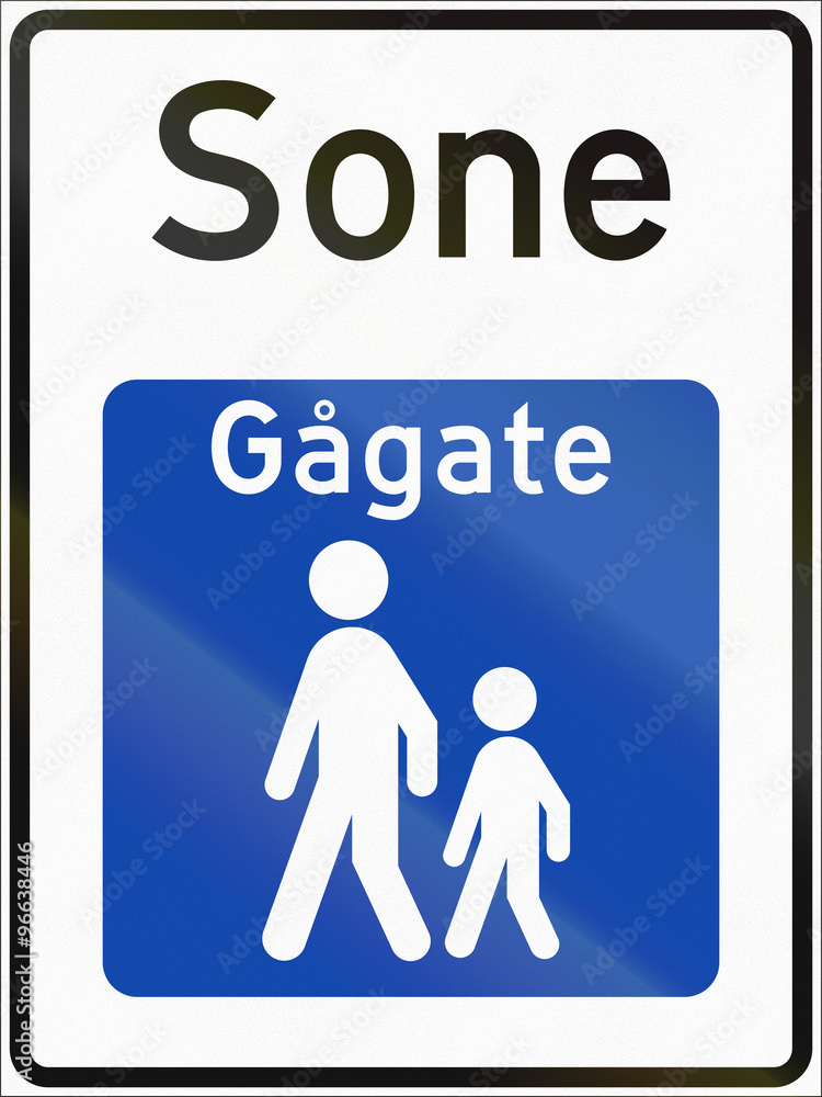 Norwegian road sign - Pedestrian zone. Sone means zone, Gagate means walk street Norwegian road sign - Pedestrian zone. Sone means zone, Gagate means walk street