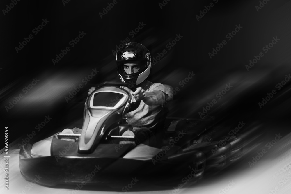 Rushing Kart And Safety Barriers Karting Race - obrazy, fototapety, plakaty 