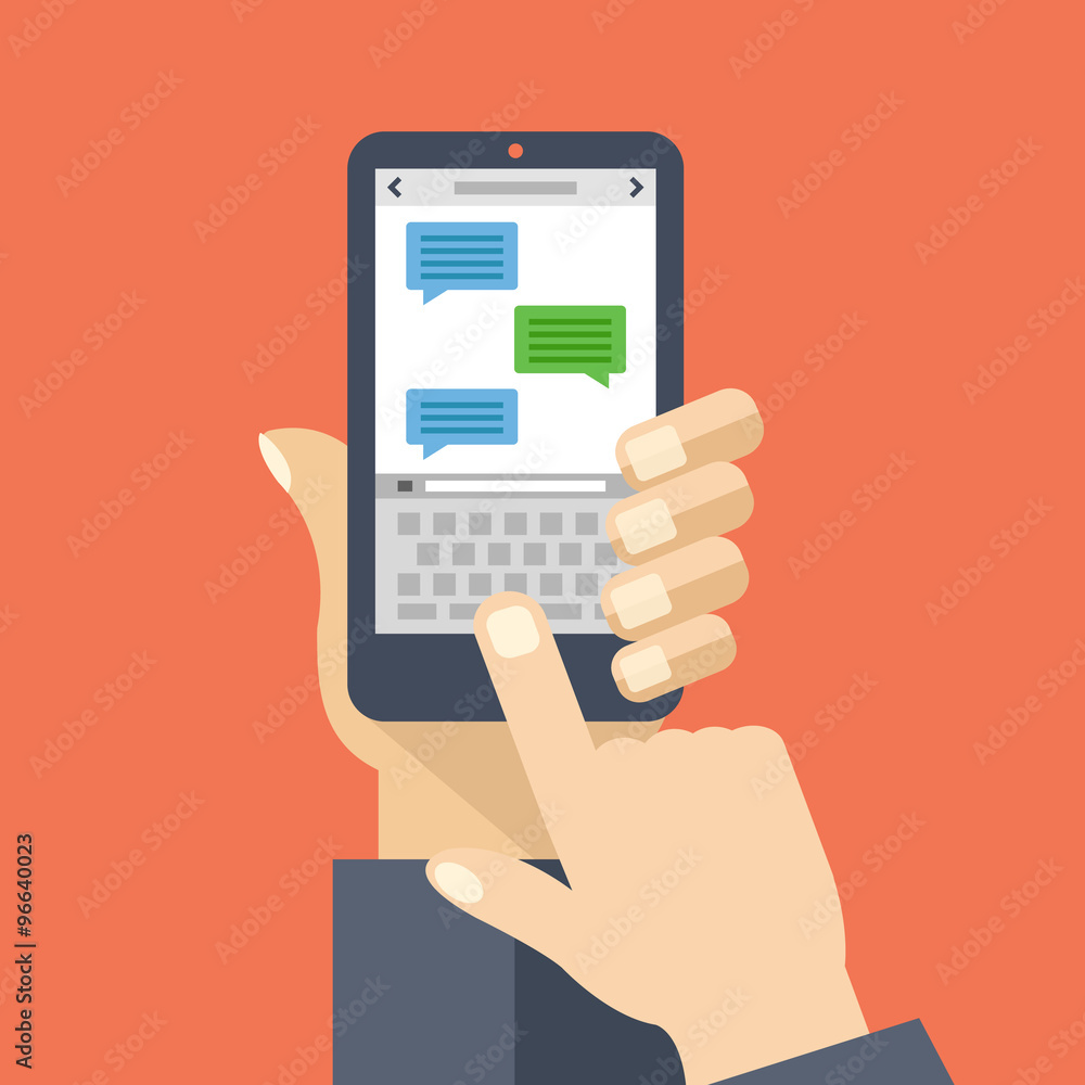 Texting app on smartphone screen. Messaging service. Creative flat design vector illustration