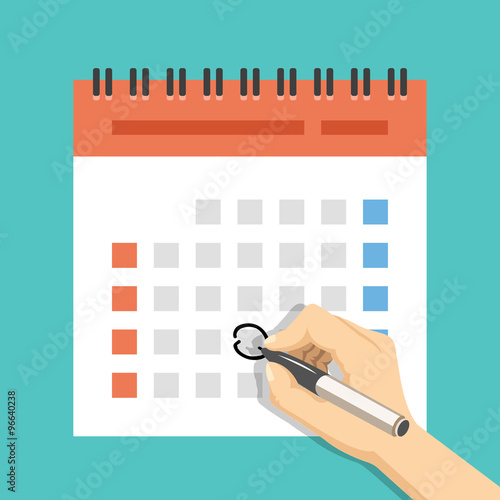 Hand with pen mark calendar. US version with week started on Sunday. Flat vector illustration