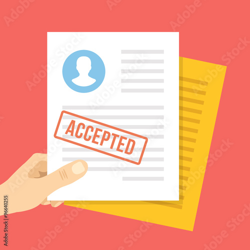 Job application approved. Hand holds job application with approval stamp on it. Flat vector illustration