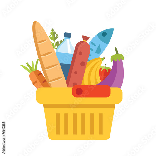 Supermarket basket with food. Colorful modern flat design vector illustration