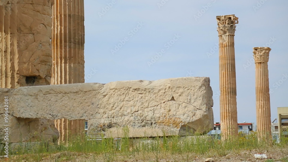 Damaged Rome Ruins of ancient Roman empire palace, huge stone remains, tall marble ...