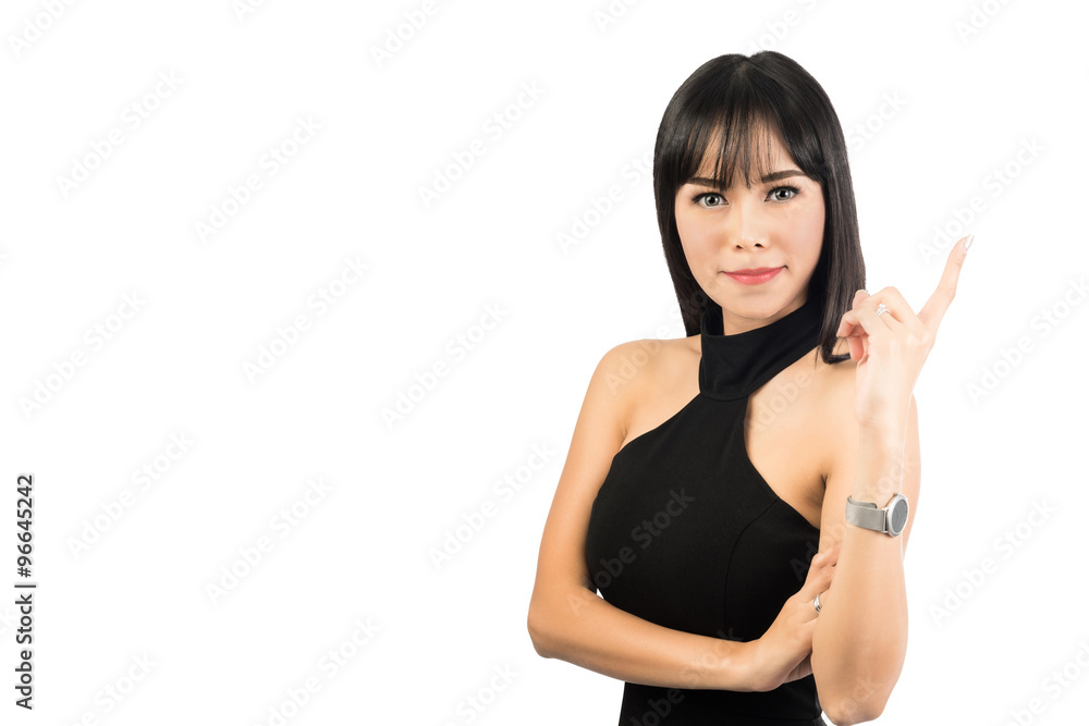 portrait of young attractive woman pointing at copy space, isolated on white with clipping path. portrait of young attractive woman pointing at copy space, isolated on white with clipping path.