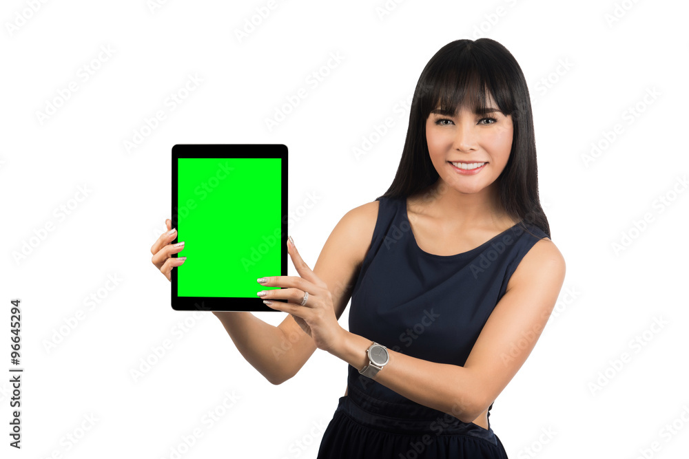 woman showing tablet computer, isolated on white with clipping path. woman showing tablet computer, isolated on white with clipping path.