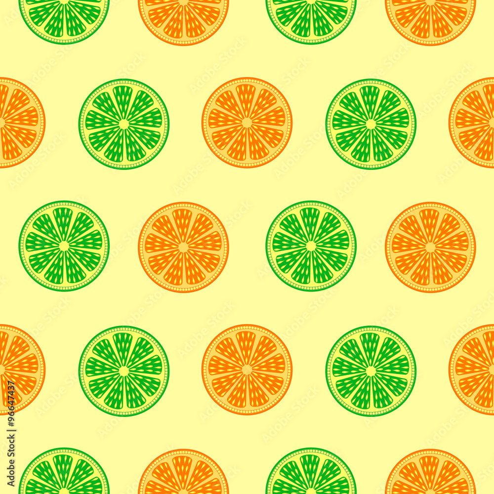 Seamless fruits vector pattern, bright colorful background with oranges and limes over light backdrop
