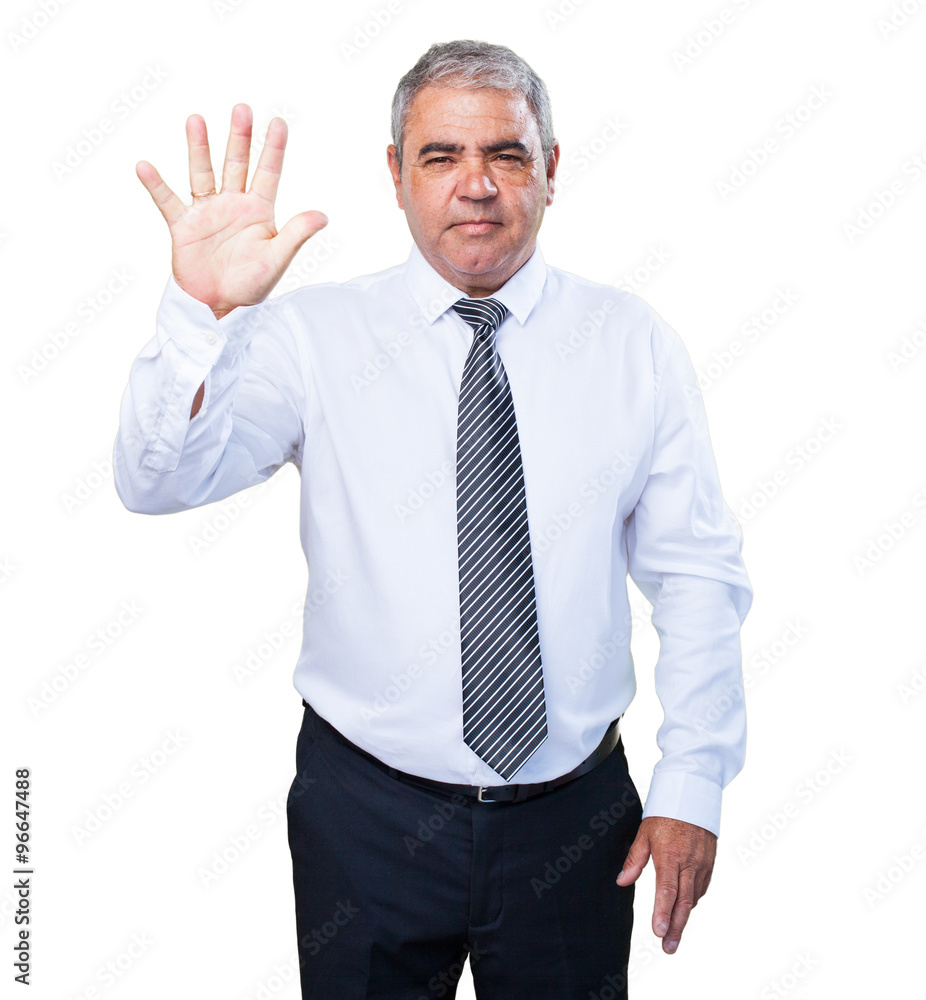 mature man doing number five sign mature man doing number five sign