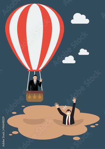 Businessman in hot air balloon get away from quicksand