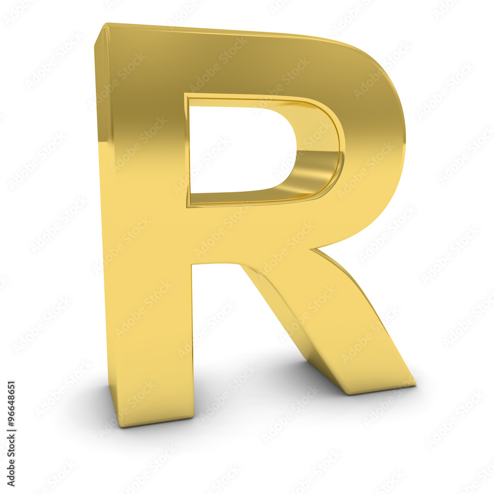 Gold 3D Uppercase Letter R Isolated on white with shadows Gold 3D Uppercase Letter R Isolated on white with shadows