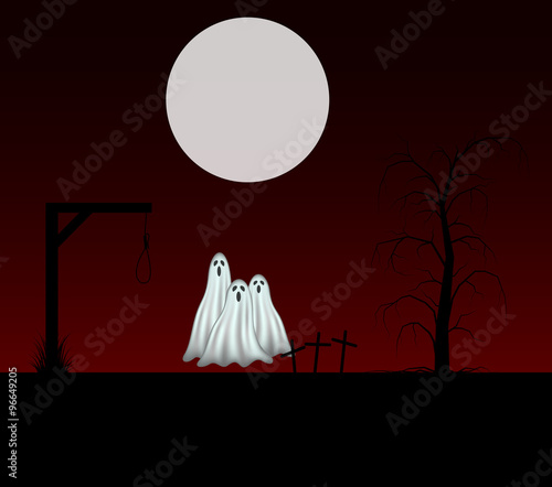 Spooky background with three ghosts standing in the cemetery 