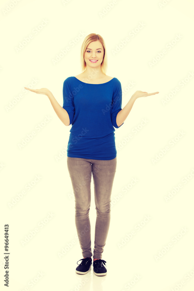 Young woman with open hands. Young woman with open hands.
