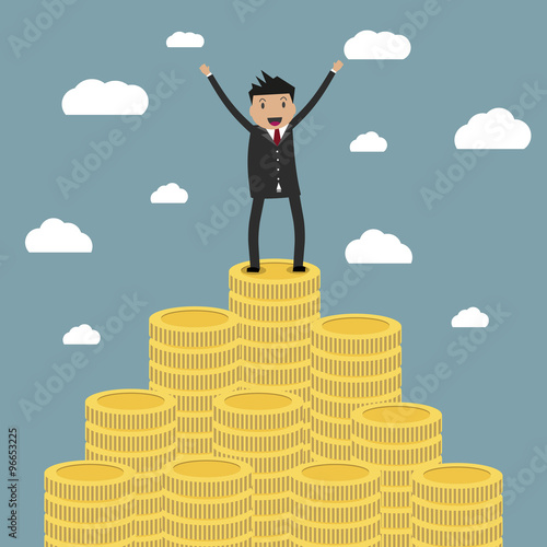 businessman standing on the huge money staircase