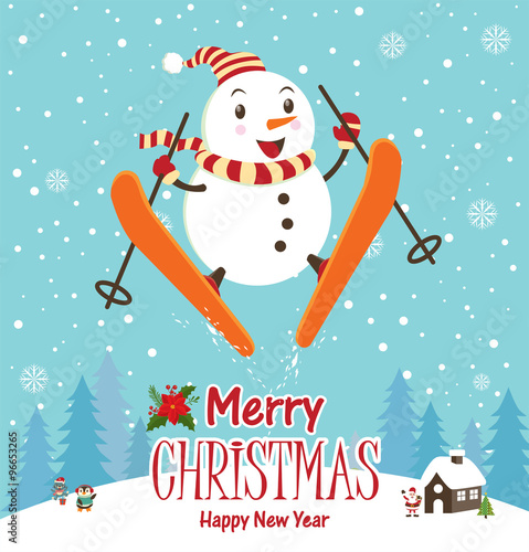 Vintage Christmas poster design with snowman