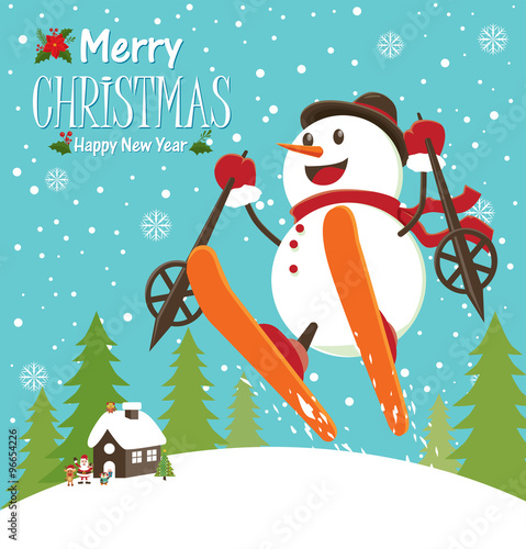 Vintage Christmas poster design with snowman