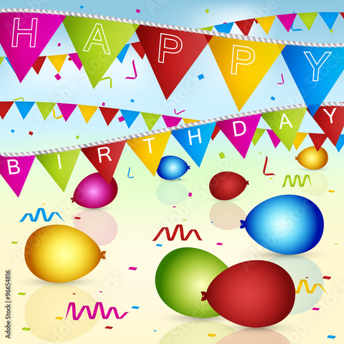 Happy Birthday vector greeting card with colorful flags, ribbons and balloons.
