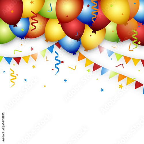 Balloon celebration background with flags, confetti and ribbons.