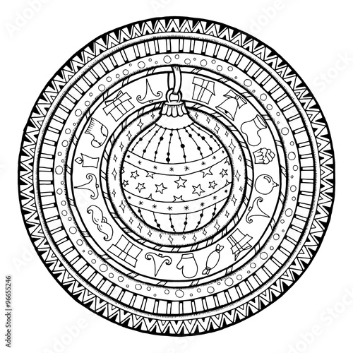 Doodle christmas ball on ethnic mandala.