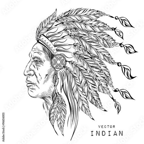 Man in the Native American Indian chief. Black roach. Indian feather headdress of eagle. Hand draw vector illustration