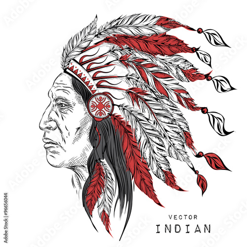Man in the Native American Indian chief. Black roach. Indian feather headdress of eagle. Hand draw vector illustration