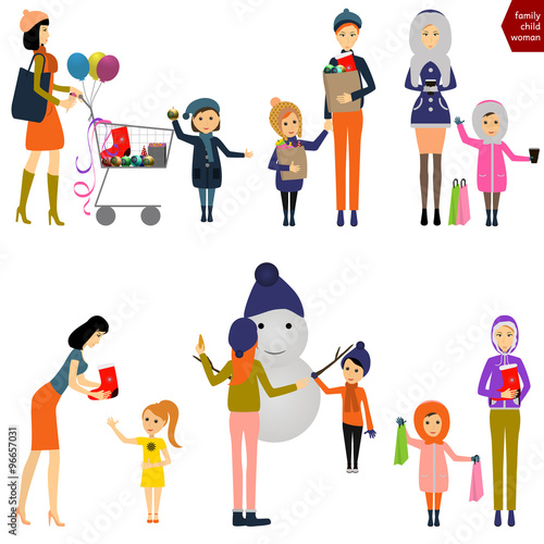Mother with child buying Christmas / Vector 