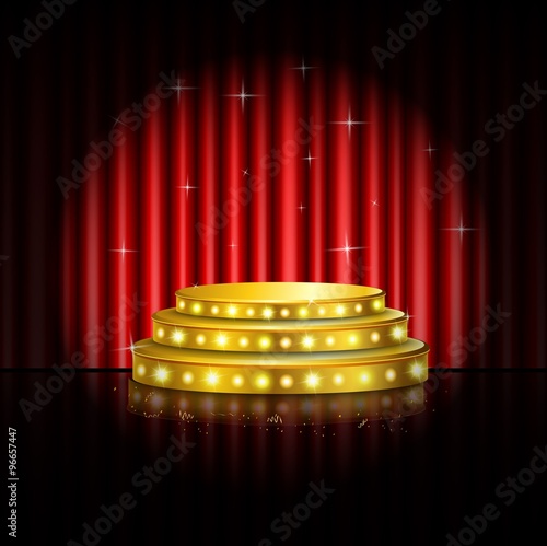 Spotlight golden of empty  stage with red curtain background