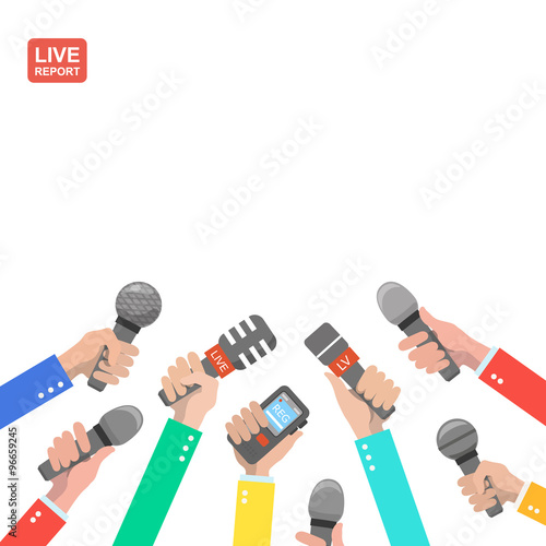 Live report concept,  hot news, news report, hands of journalists with microphones and digital recorders