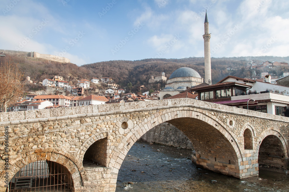 old stonebridge landmark of prizren, kosovo at wintertime