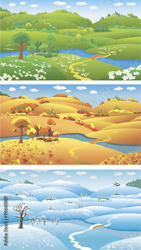 Three seasons: summer, autumn and winter, cartoon vector illustration