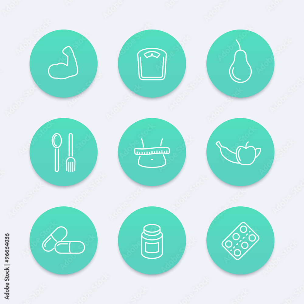 Diet, nutrition, fat loss round aquamarine icons, vector illustration Diet, nutrition, fat loss round aquamarine icons, vector illustration