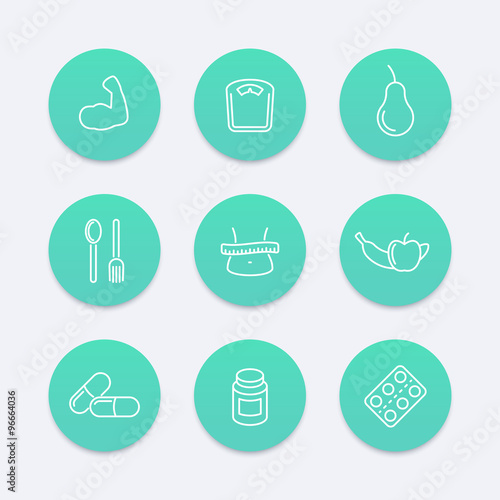 Diet, nutrition, fat loss round aquamarine icons, vector illustration