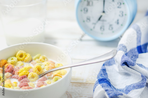 Morning meal  Colorful cereal with milk