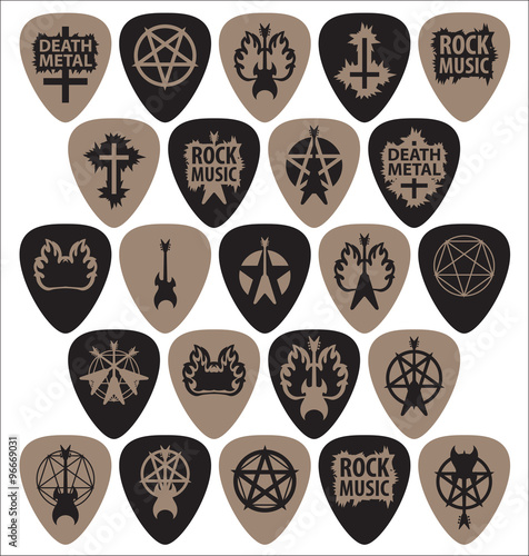 set of pick to play the electric guitar with the characters in the style of hard rock