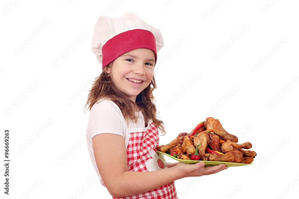 happy little girl cook with roasted chicken drumsticks happy little girl cook with roasted chicken drumsticks