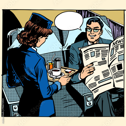 business class plane breakfast stewardess businessman