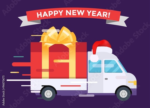 Delivery vector transport truck van Christmas gift box bow ribbon