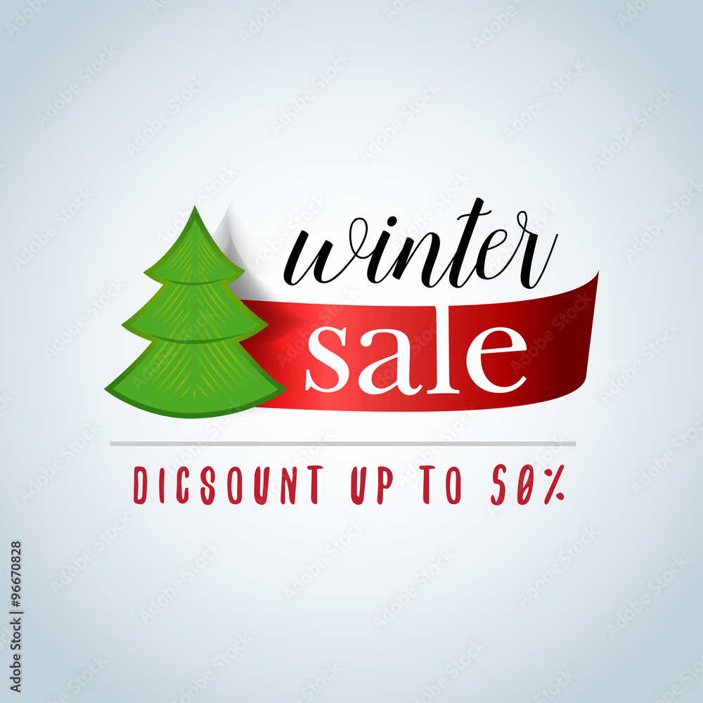 Winter sale background with red ribbon and new year tree banner, emblem, badge. Sale. Winter sale. Christmas sale. New year sale. Vector illustration