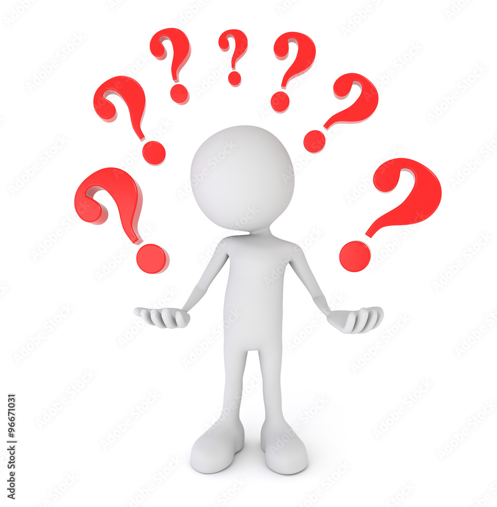 White 3d person surrounded by question marks White 3d person surrounded by question marks