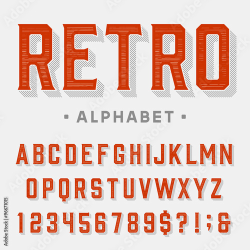 Retro vector font. Letters, numbers and symbols. Vintage alphabet for labels, headlines, posters etc.