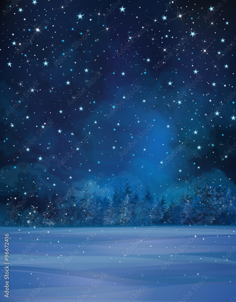 Obraz premium Vector winter night scene, starry sky, snow and forest backgroun