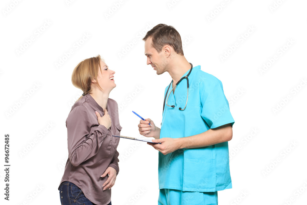 Male doctor interrogates a happy woman patient. Isolated white background Male doctor interrogates a happy woman patient. Isolated white background