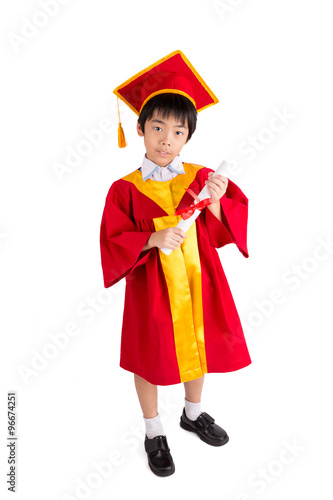 Cute Little Boy Wearing Red Gown Kid Graduation With Mortarboard