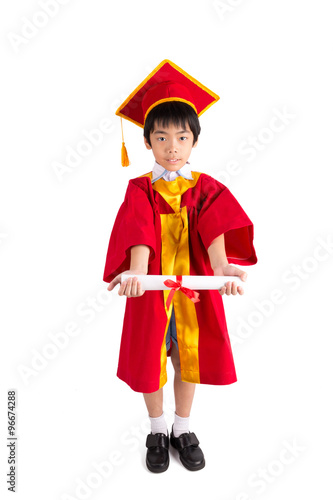 Cute Little Boy Wearing Red Gown Kid Graduation With Mortarboard