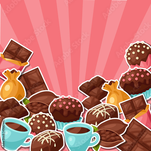 Chocolate background with various tasty sweets and candies