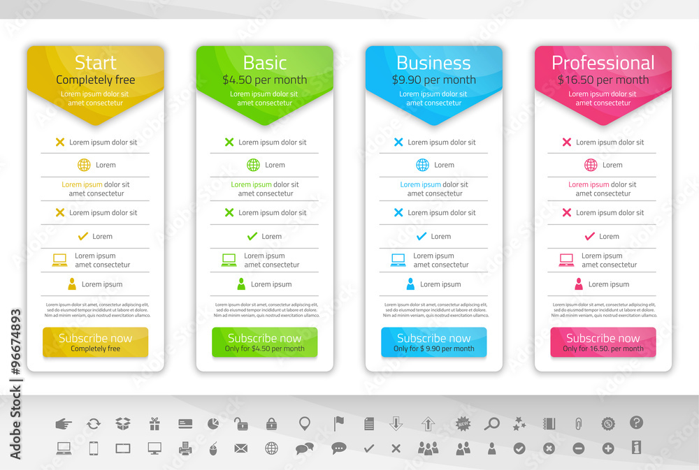 Light pricing table with 4 options. Icon set included Light pricing table with 4 options. Icon set included