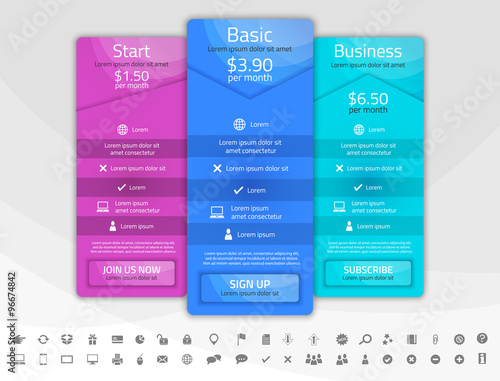 Light pricing list with 3 options. Different shapes of tables. Icon set included