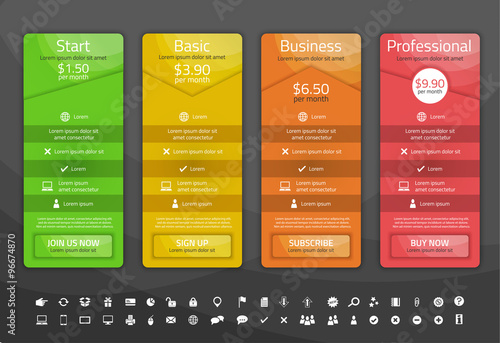 Light pricing list with 4 options. Different shapes of tables. Icon set included
